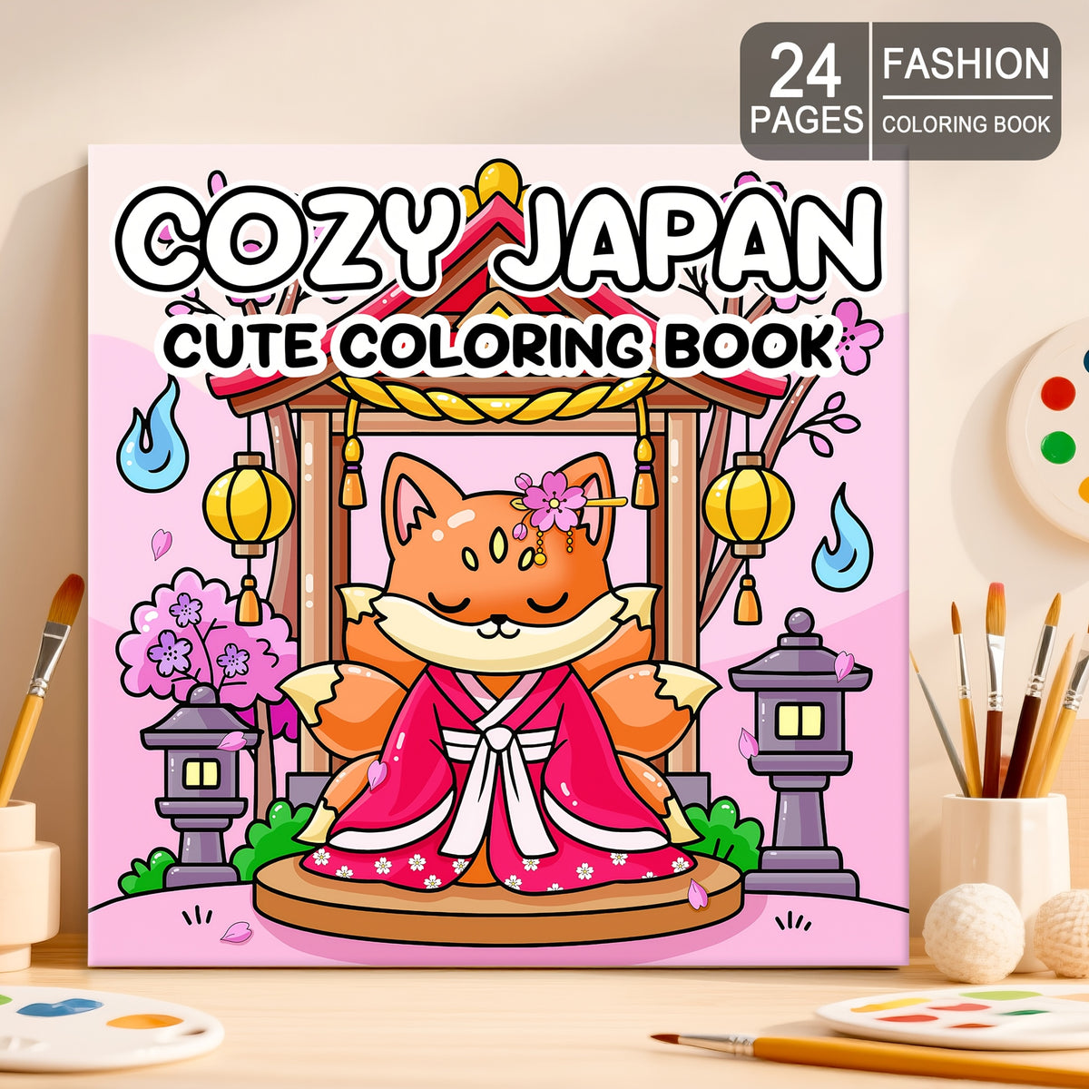Japanese Anime Coloring Book with Fox in Kimono, Cherry Blossoms & Lanterns