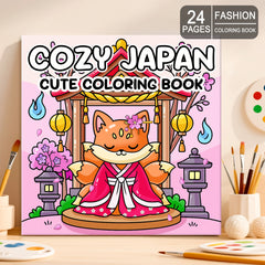 Japanese Anime Coloring Book with Fox in Kimono, Cherry Blossoms & Lanterns