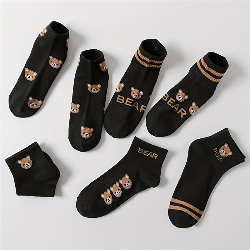 5 Pairs Cartoon Bear Print Socks & Crew Short Socks Women's Stockings