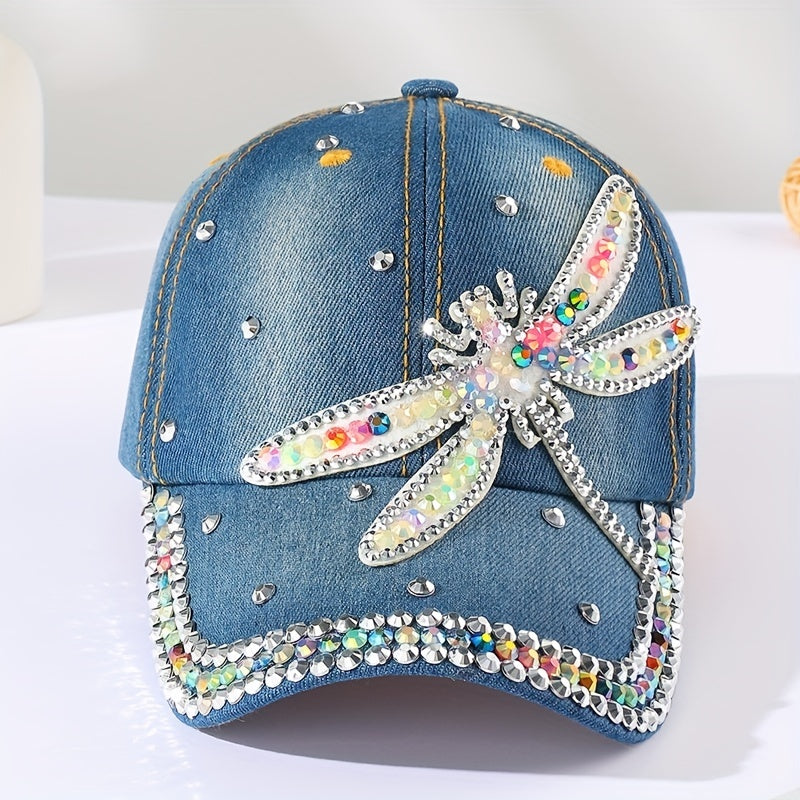 Dragonfly Patch Denim Baseball Cap Rhinestone Washed Distressed Dad Hat