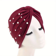 Faux Pearl Decor Turban Cap Solid Pleated Head Wrap