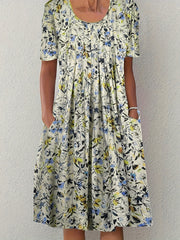  Floral Print Pleated Short Sleeve Dress