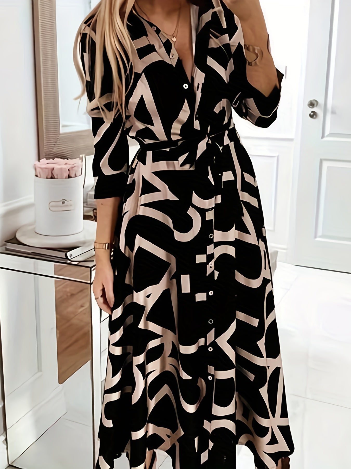 Letter Print Shirt Dress With Belt