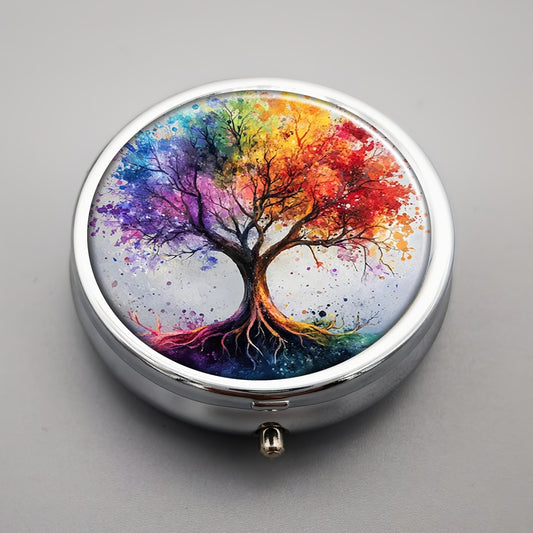 Pill Box 3 Compartment Metal Organizer - Vintage Tree Design