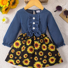 Cute Baby Girl's Denim Dress with Floral Print