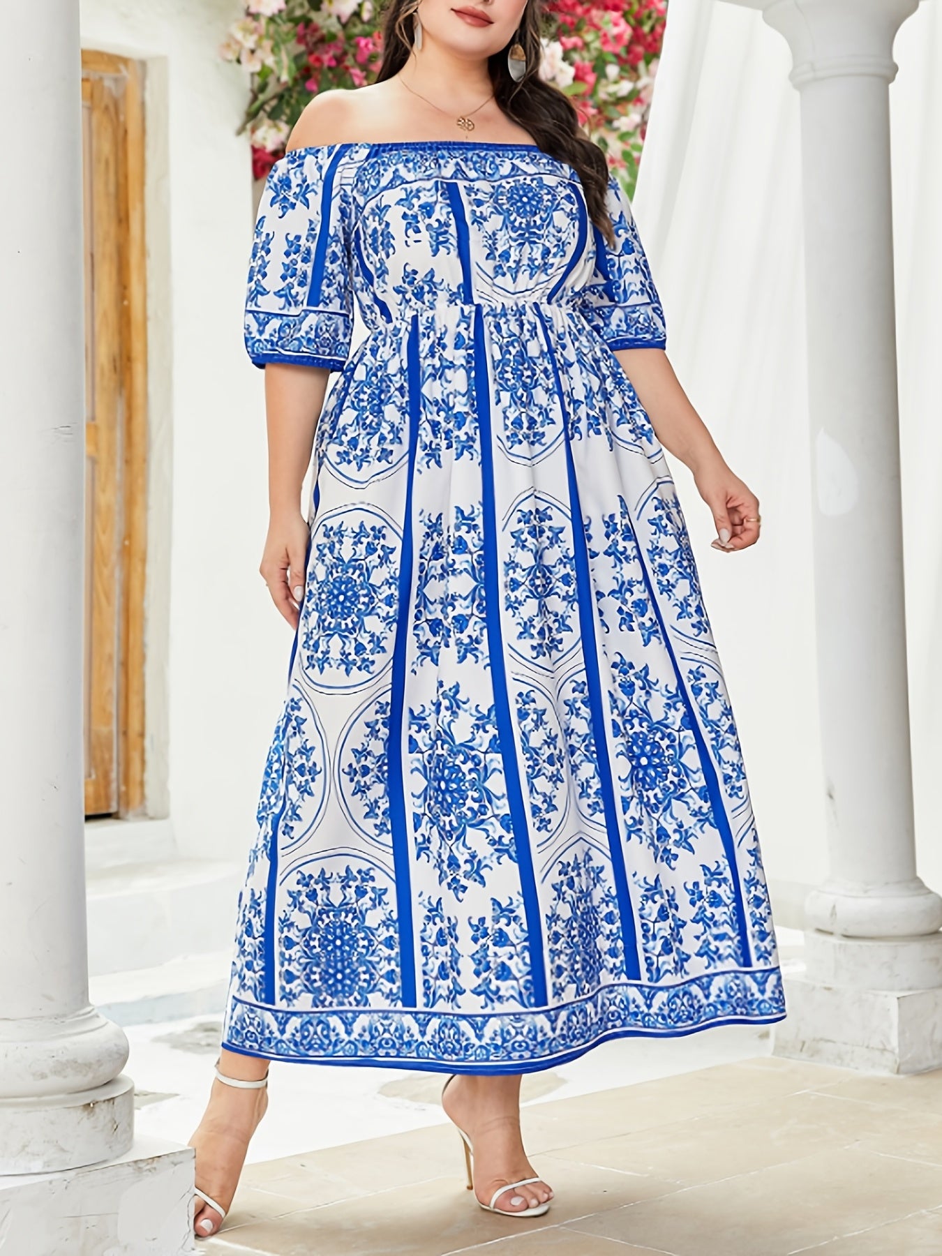  Boho Dress Off Shoulder Short Sleeve Maxi Dress