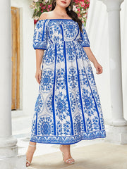  Boho Dress Off Shoulder Short Sleeve Maxi Dress