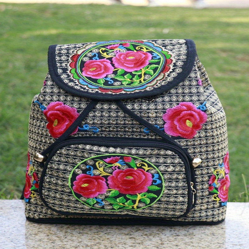 Flower Embroidered Backpack Ethnic Style Daypack Drawstring Bag
