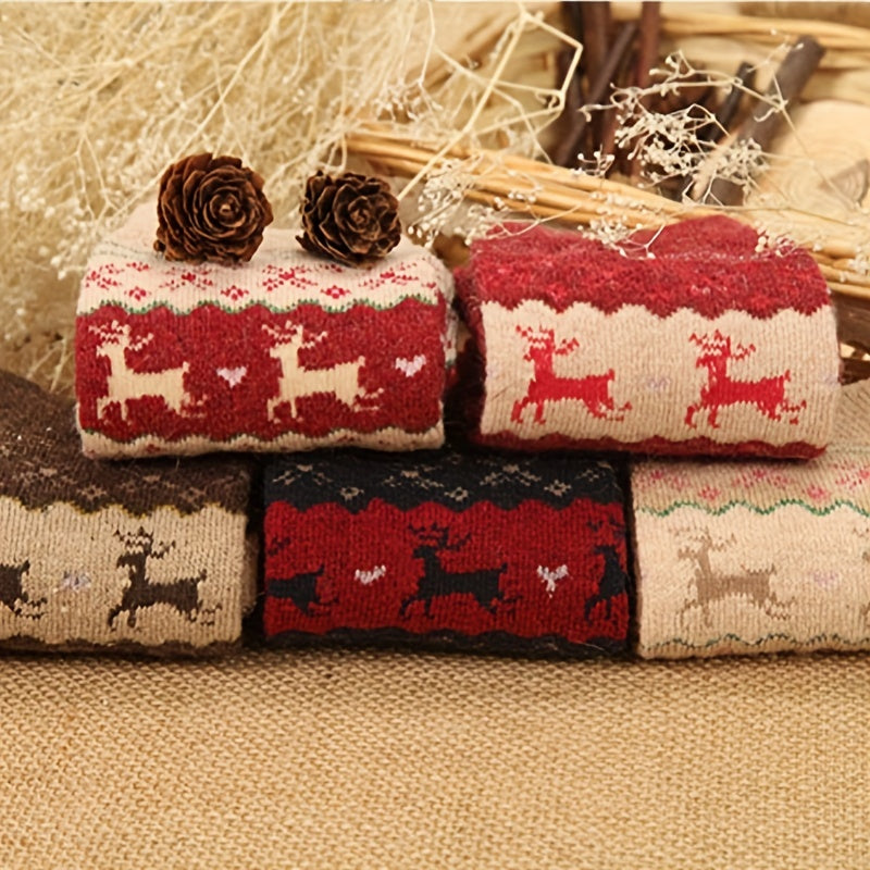 5 Pairs Christmas Elk Print Socks Warm Mid Tube Stockings