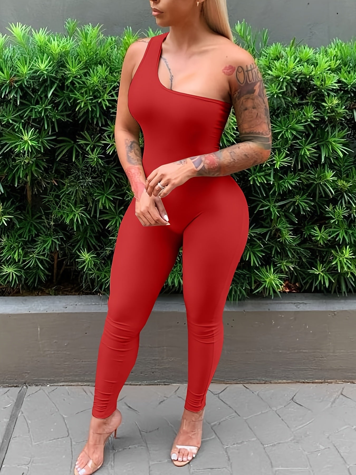 One Shoulder Slim Jumpsuit Sexy Sleeveless Asymmetrical Neck Jumpsuit