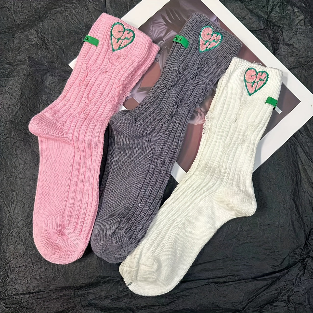 3 Pairs Heart Embroidery Socks Ripped Stockings