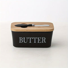 Ceramic Butter Dish with Bamboo Lid and Butter Keeper Container