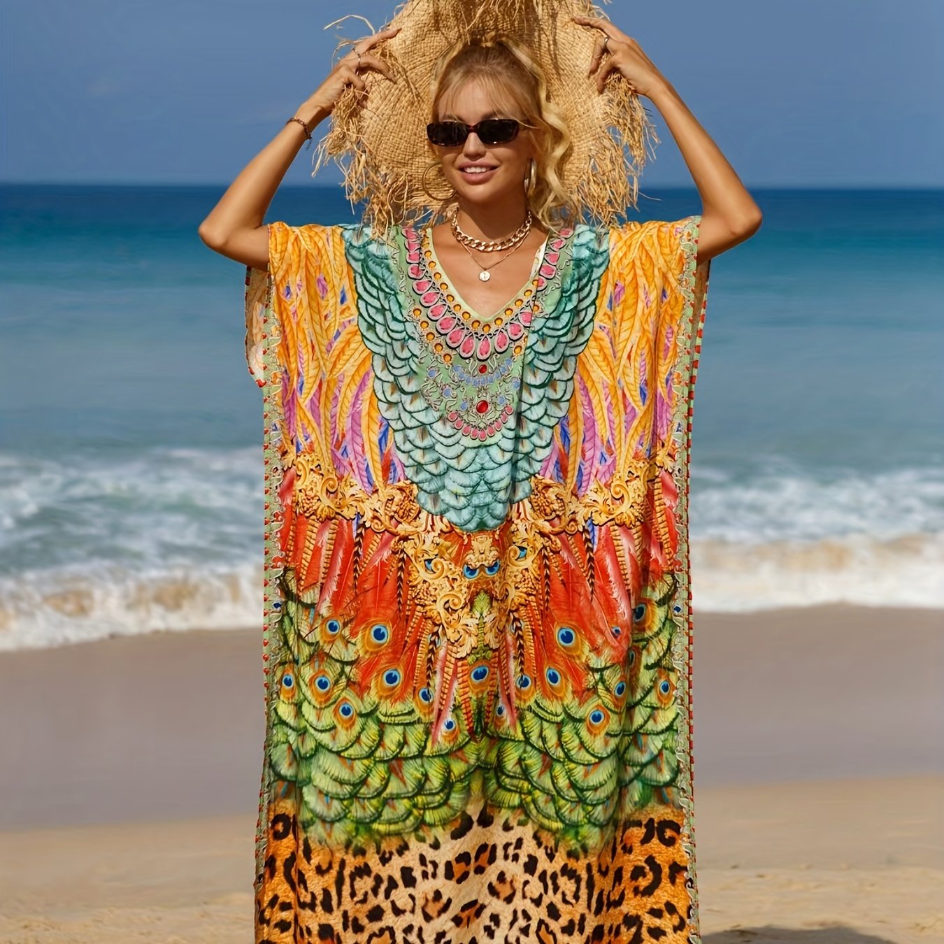  Animal Print V Neck Maxi Cover Up