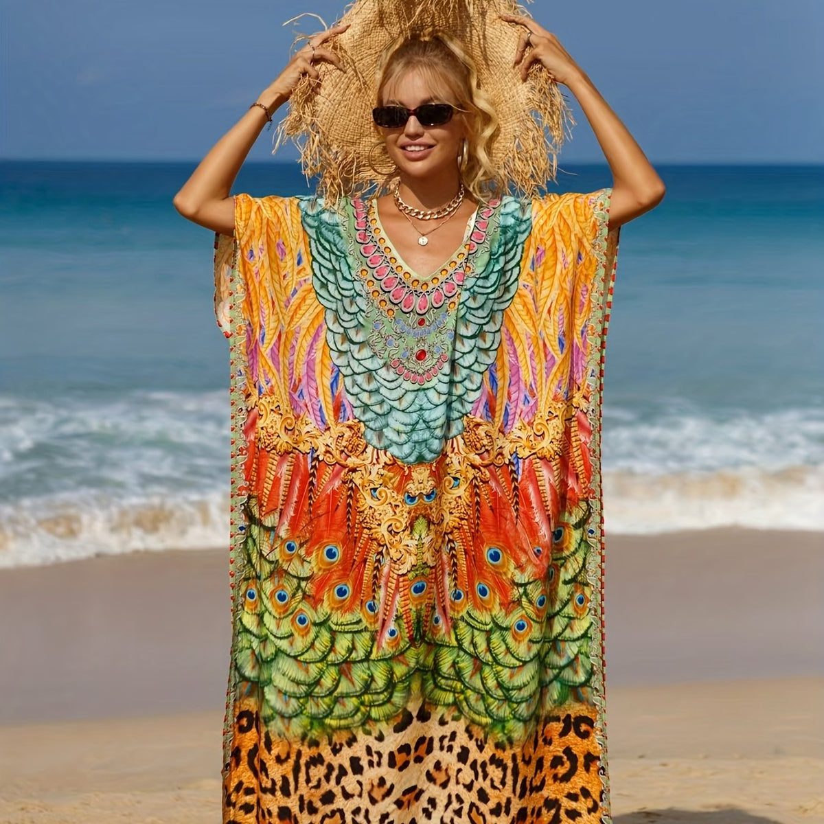  Animal Print V Neck Maxi Cover Up