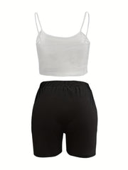  Lemon & Letter Print Cami Crop Top & Shorts 2 Piece Set