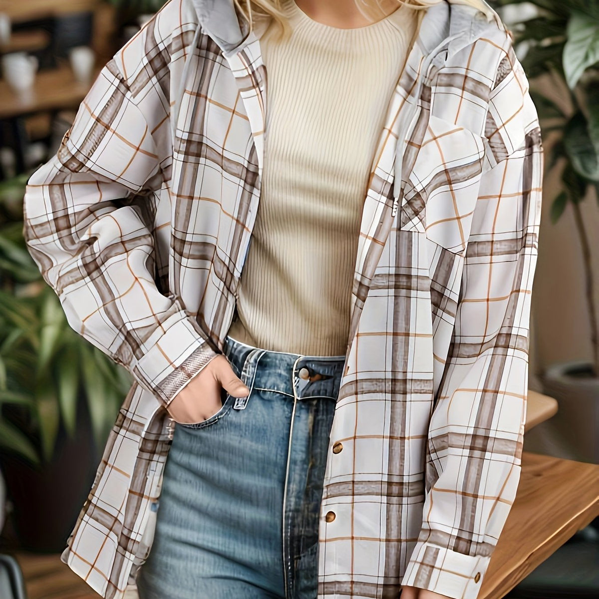  Plaid Print Drawstring Hooded Shirt