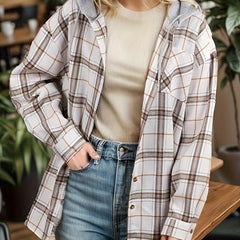  Plaid Print Drawstring Hooded Shirt