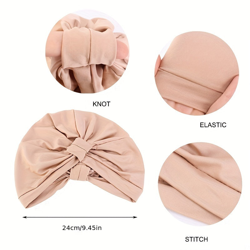 Pleated Bowknot Turban Cap Solid Elastic Head Wrap Bonnet Head Scarf