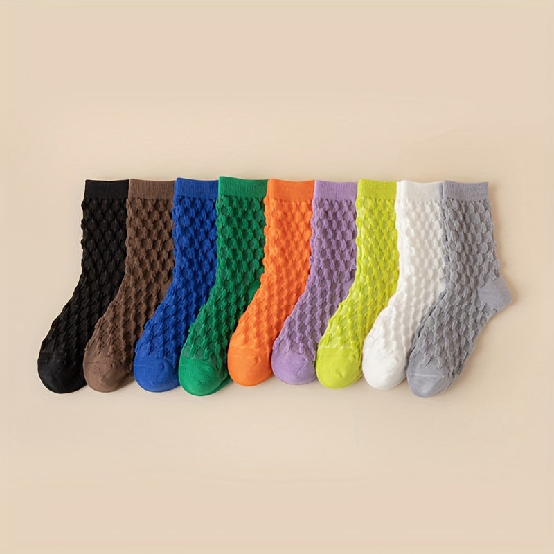9 Pairs Textured Solid Socks Soft Mid Tube Stockings & Hosiery