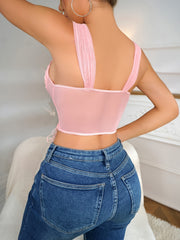 Floral Embroidery Mesh Crop Top Lace Stitching Lace Up Strap Tank Top