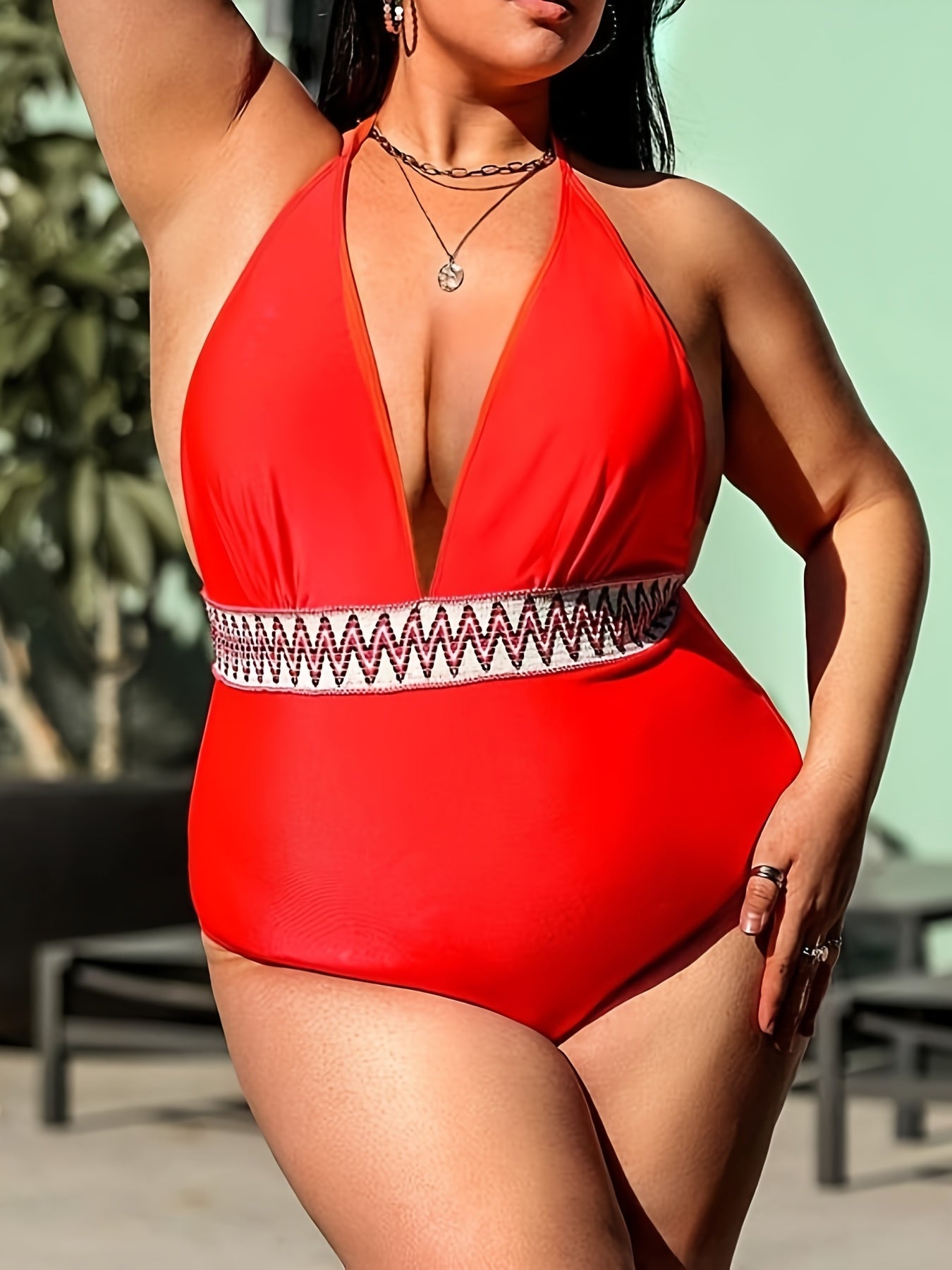  Colorblock Halter Neck One Piece Swimsuit