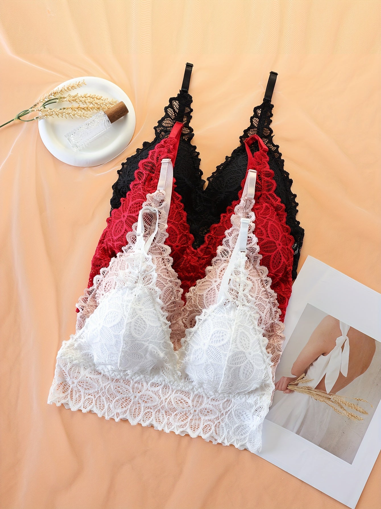 4pcs Comfy Wireless Push Up Bra Set Lace Contrast Women's Lingerie