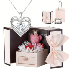 Hollow Love Heart Pendant Necklace Purple Zirconia Bear & Rose Flower Jewelry