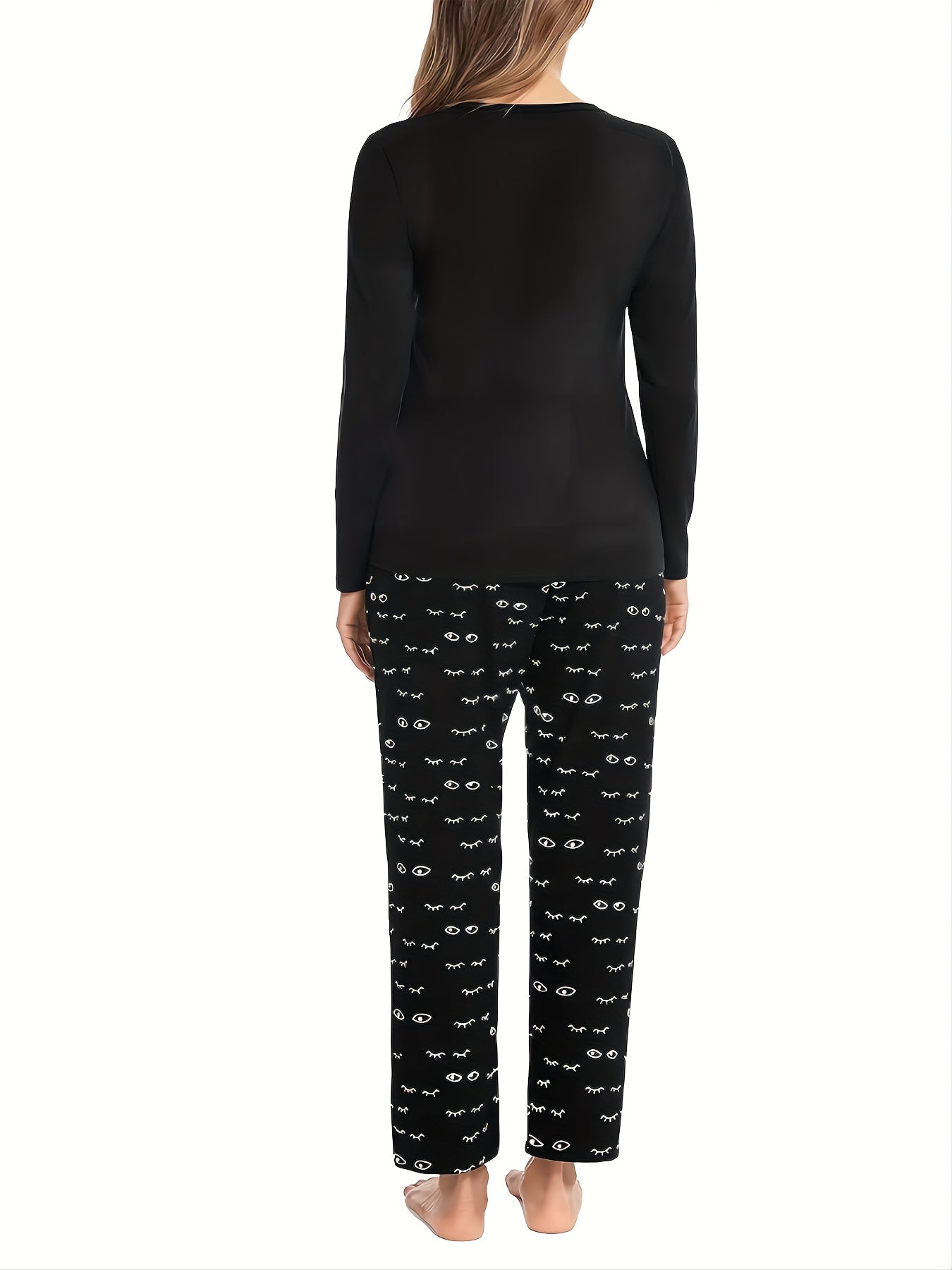Eyelash Print Pajama Set Long Sleeve Top & Pants Women's Sleepwear