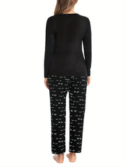 Eyelash Print Pajama Set Long Sleeve Top & Pants Women's Sleepwear