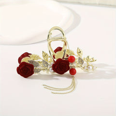 Red Rose Rhinestone Faux Pearl Tassel Hair Claw Clip