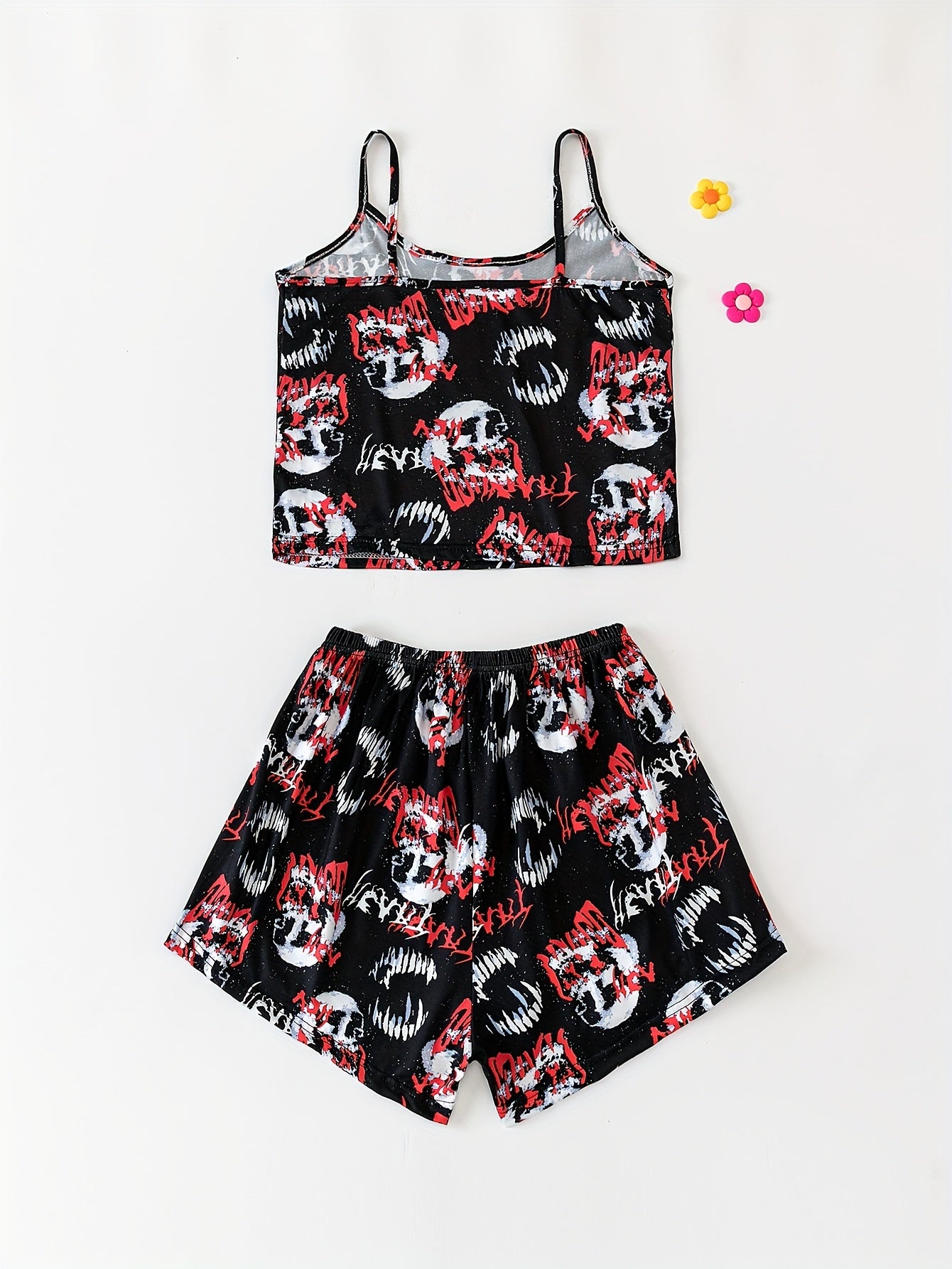 Skull Print Pajama Set Crew Neck Cami Top & Lounge Shorts Women's Sleepwear