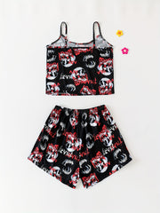 Skull Print Pajama Set Crew Neck Cami Top & Lounge Shorts Women's Sleepwear