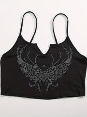 Y2K Rhinestone Heart Cami Top Notched Neck Women's Clothing