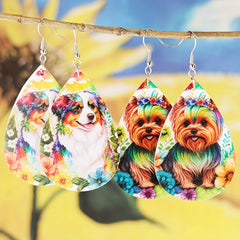 Colorful Flower Print Puppy Earrings PU Leather Jewelry Gift