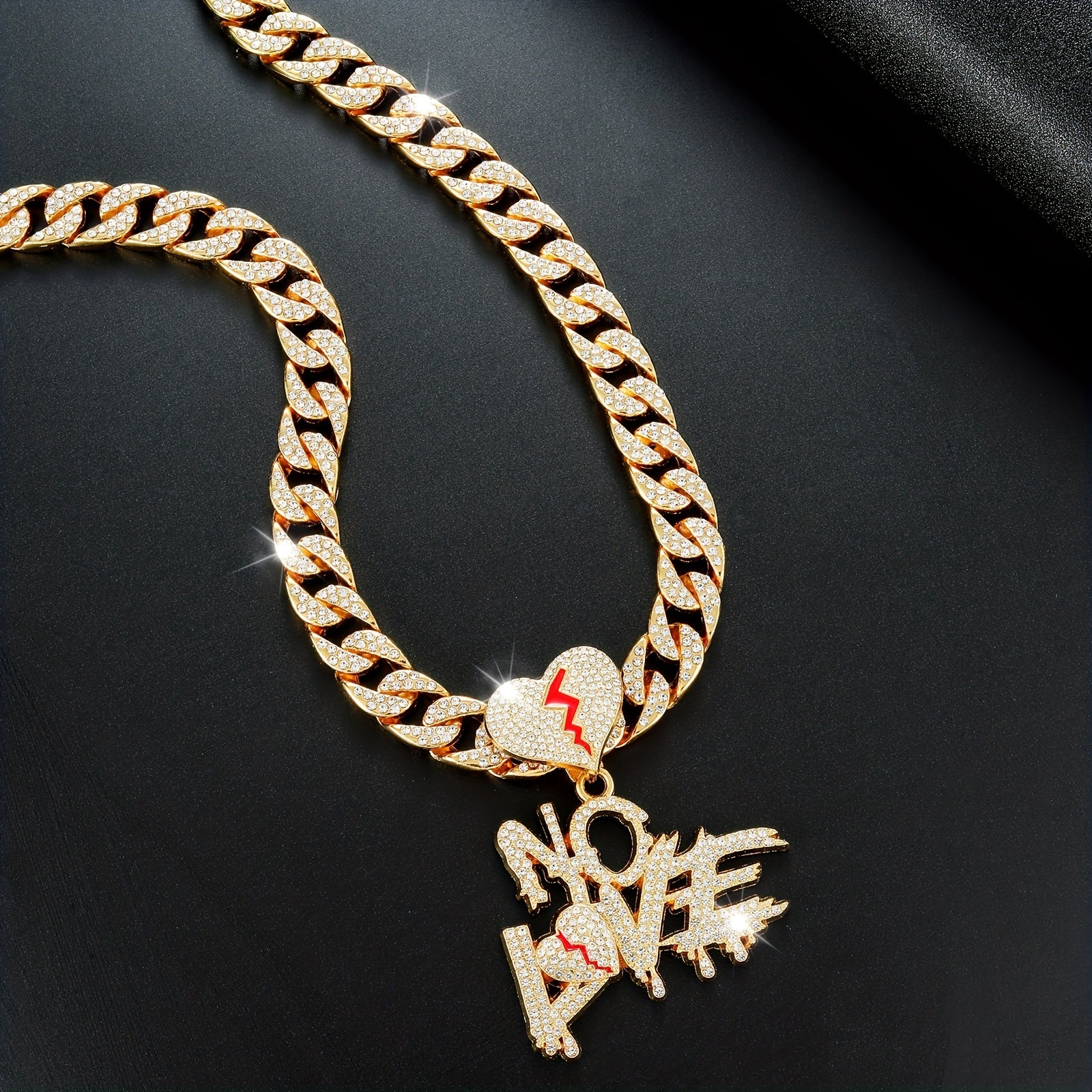 Silver Cuban Link Pendant Chain with Rhinestones