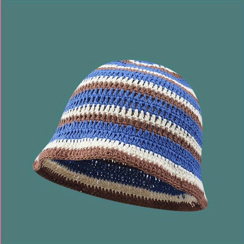 Rainbow Striped Crochet Bucket Hat Y2K Block Hollow Out Knit Hat