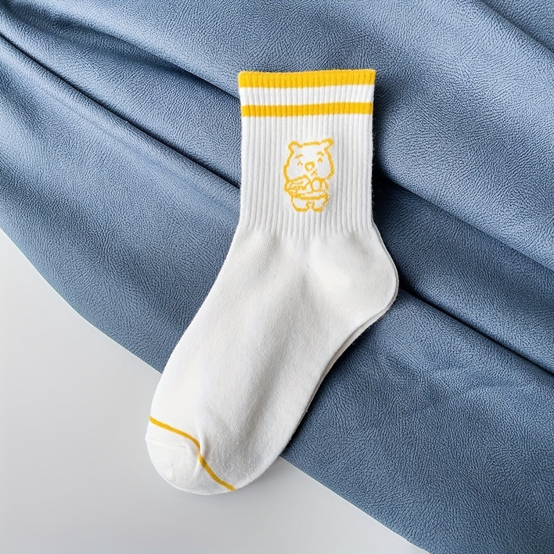 5 Pairs Cartoon Bear Print Socks & Striped Crew Socks Women's Stockings