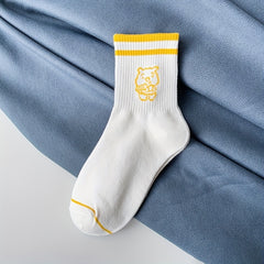 5 Pairs Cartoon Bear Print Socks & Striped Crew Socks Women's Stockings