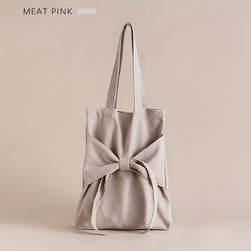 Bowknot Decor Canvas Shoulder Bag Tote Bag Solid Handbag For School Travel