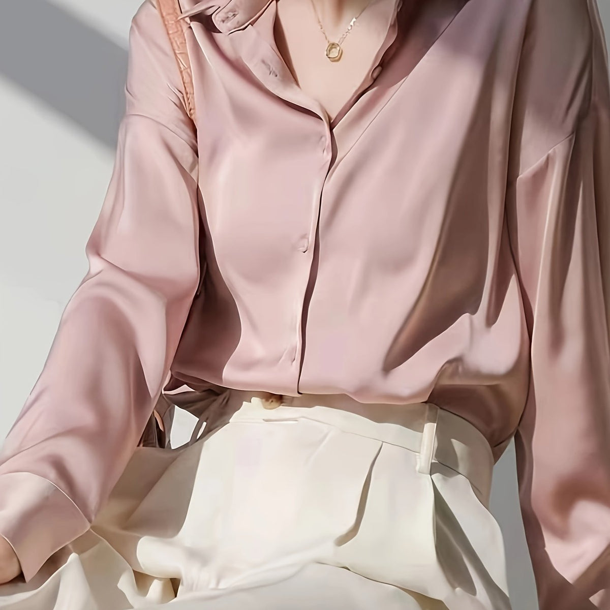  Solid Satin Drop Shoulder Long Sleeve Blouse