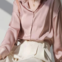  Solid Satin Drop Shoulder Long Sleeve Blouse