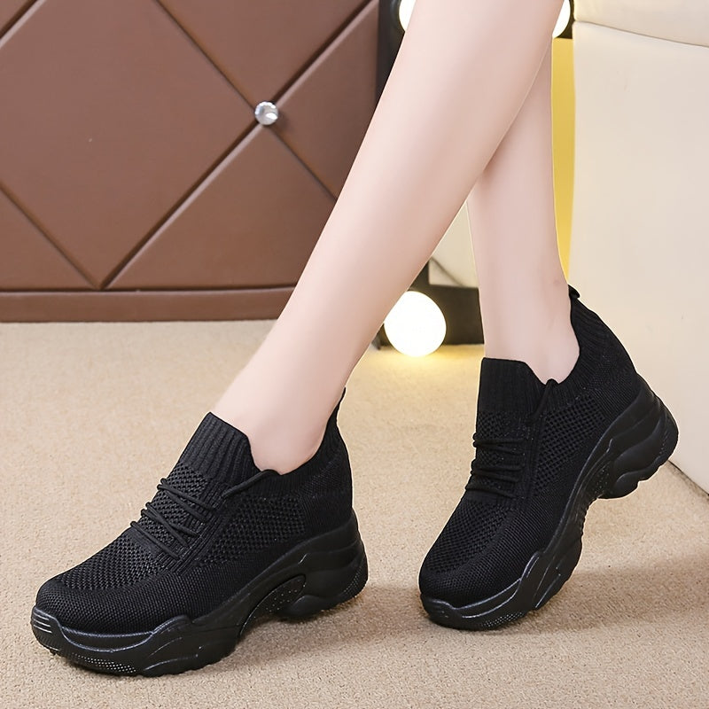 Women's Knit Platform Sneakers Breathable Lace Up Outdoor Shoes Lightweight