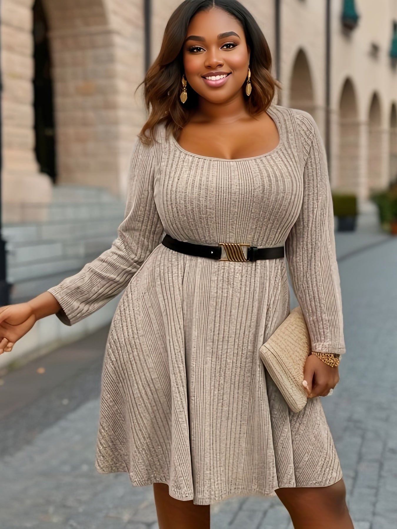  Ribbed Long Sleeve Round Neck Knee Length Dress