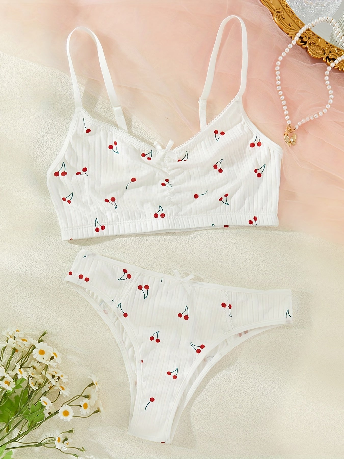 Cherry Print Bra & Panties Wireless Bra & Bow Tie Panties Set