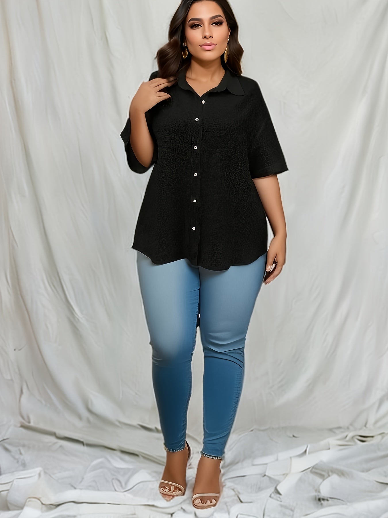  Casual Blouse Women's Plus Solid Textured Button Up Lapel
