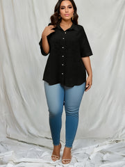  Casual Blouse Women's Plus Solid Textured Button Up Lapel