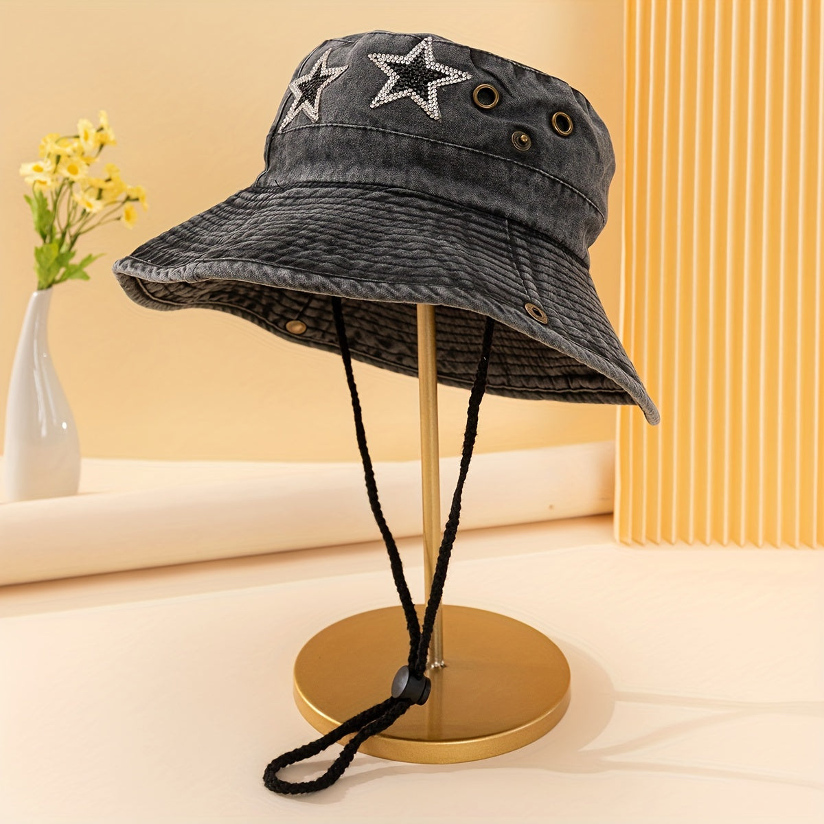 Rhinestone Pentagram Denim Bucket Hat Distressed Sun Hat Boonie Hats