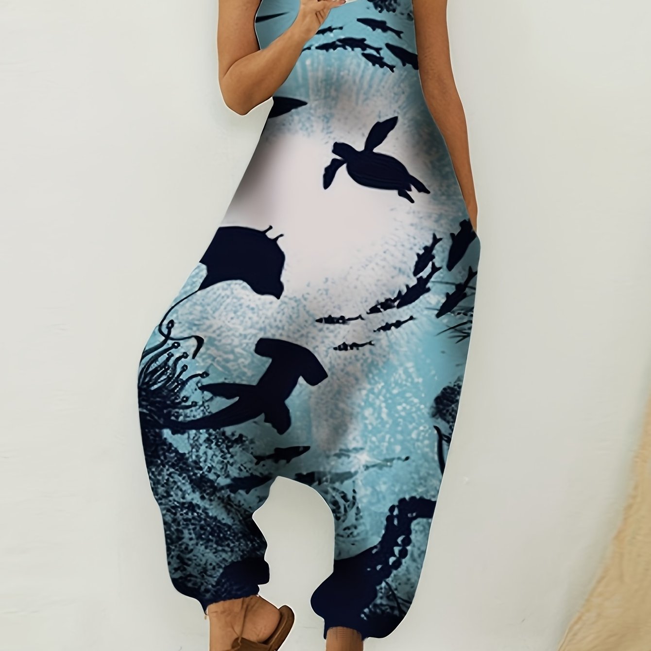  Ocean Fish Print Round Neck Wide Leg Jumpsuit