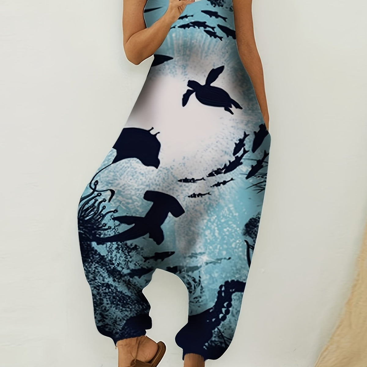  Ocean Fish Print Round Neck Wide Leg Jumpsuit