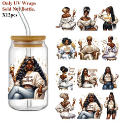 12pcs Lady UV DTF Self Adhesive Cup Stickers Waterproof Decals for Glass Cup Mug